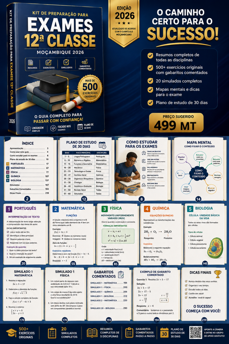 Kit de preparação para os exames da 12ª classe 2026